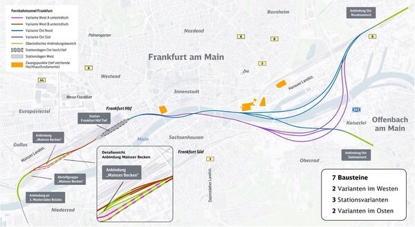 Eine Karte zu den verschiedenen Varianten des Fernbahntunnels Frankfurt